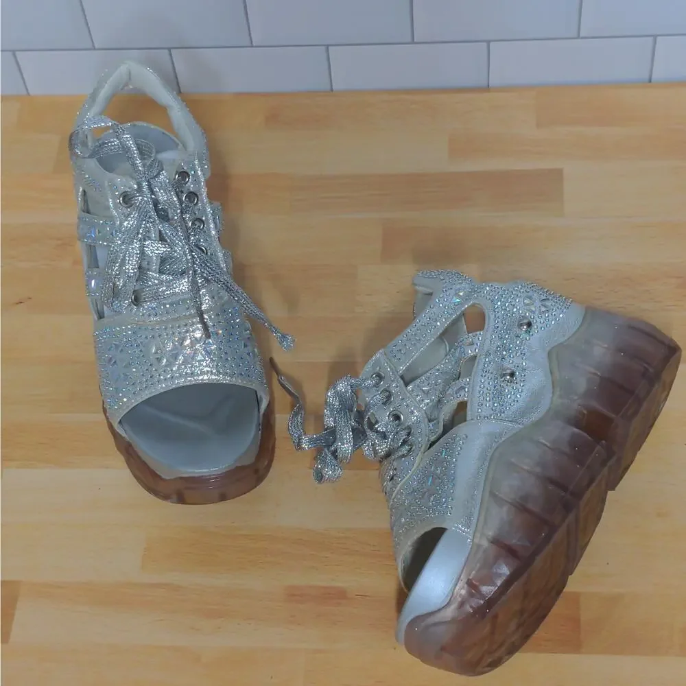 Anthony Wang Platform Sandals Silver Cutout Bedazzled Wedge Y2K 35 (US 4-4.5)